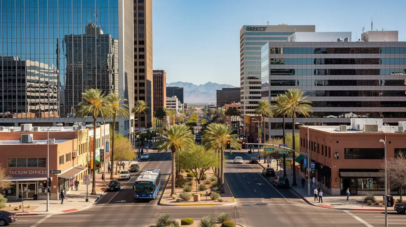 The image depicts the vibrant downtown Tucson business district, featuring modern office buildings that symbolize the dynamic commercial environment of Arizona. This area is bustling with activity, reflecting the presence of various businesses, including law firms that provide essential legal services for business transactions and litigation.