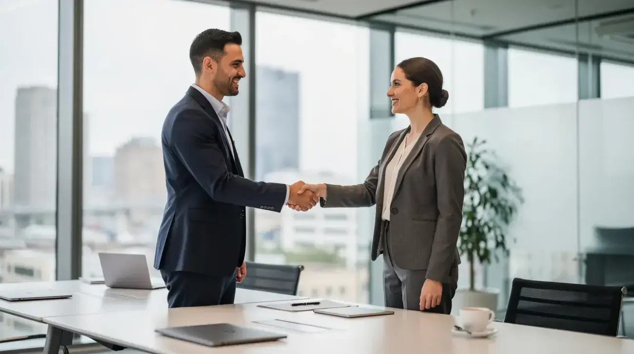The image shows two business professionals shaking hands in a modern office setting, symbolizing a successful business transaction. This moment reflects the importance of legal counsel and the attorney-client relationship in navigating business law and addressing legal challenges.