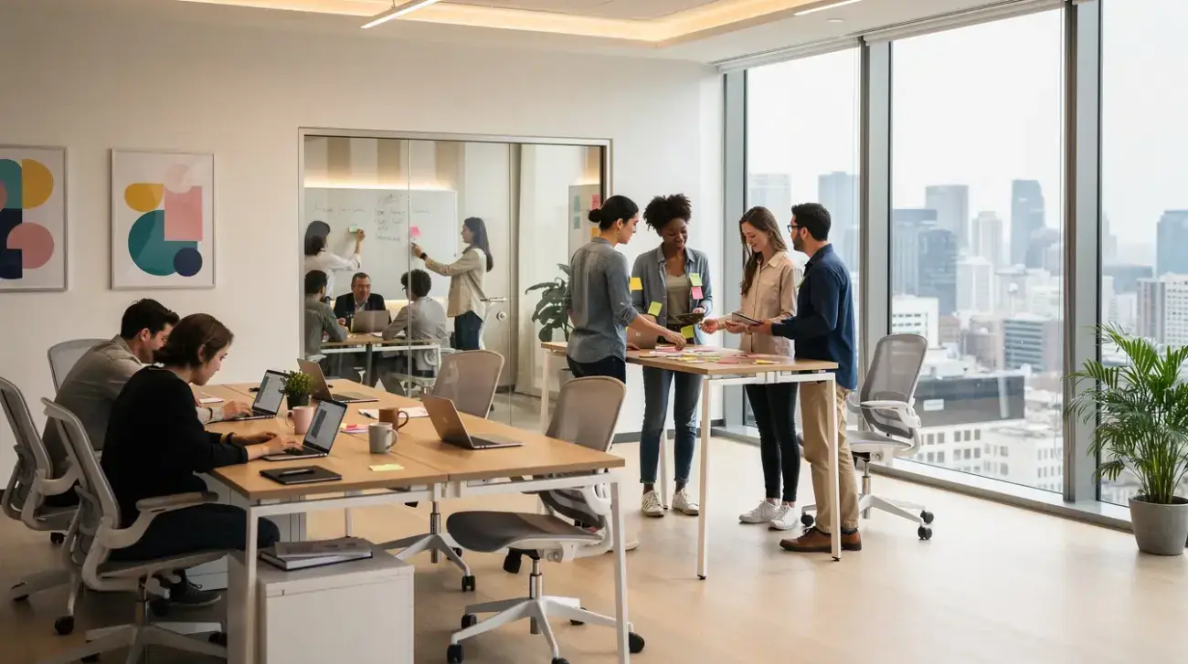 The image depicts a modern startup office bustling with activity, where a diverse group of professionals collaborates at desks, discussing business strategies and projects. This dynamic environment reflects the essence of teamwork and innovation, essential for small business owners navigating legal challenges in areas like business law and contracts.
